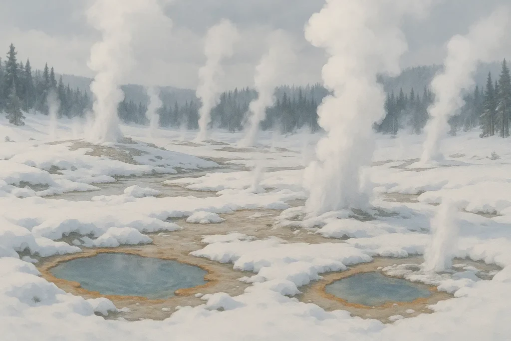 Yellowstone winter landscape with snow-covered geysers and bison