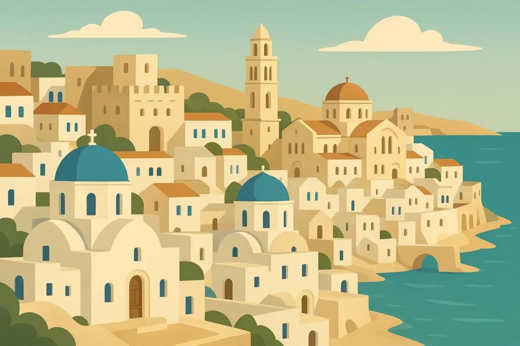 Mediterranean coastal town with historic architecture
