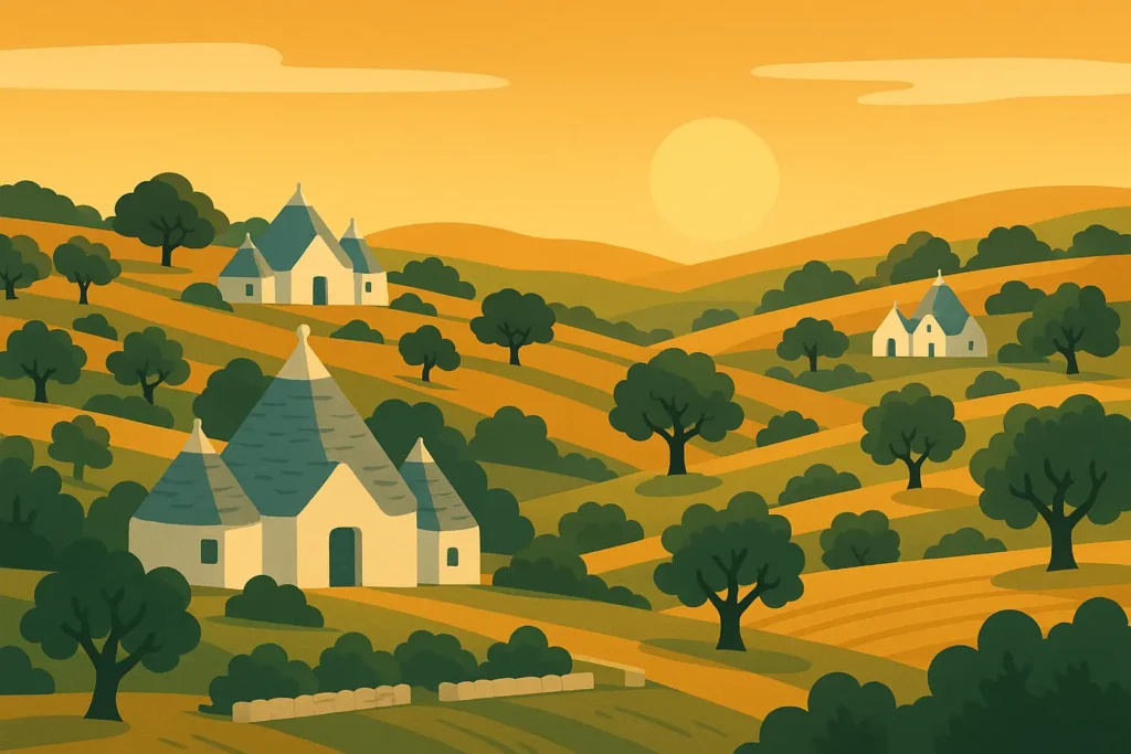 Trulli houses in Valle d'Itria at sunset