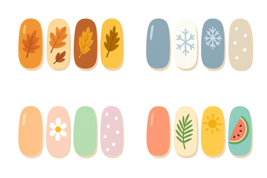 Seasonal themed accent nail designs with autumn and winter elements