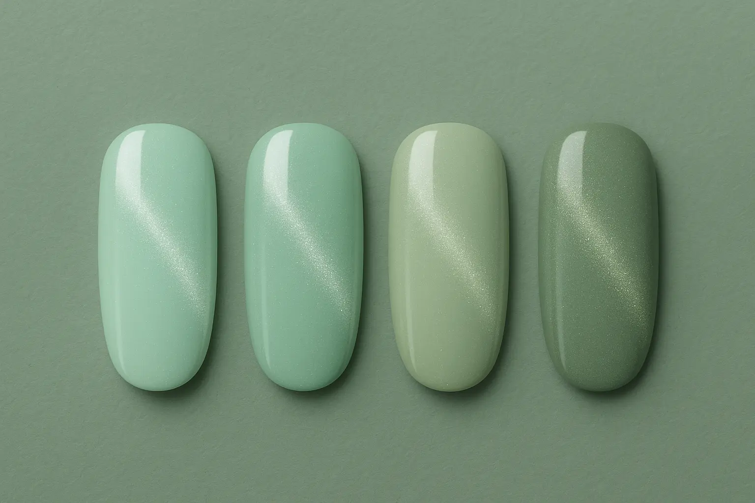 Light and pastel green cat eye nail designs