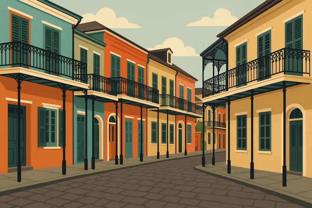 New Orleans French Quarter street scene with historic buildings and tourists