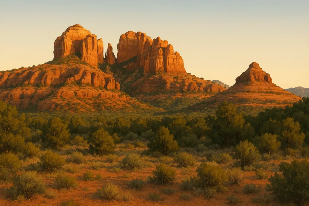 Sedona red rock formations at sunrise