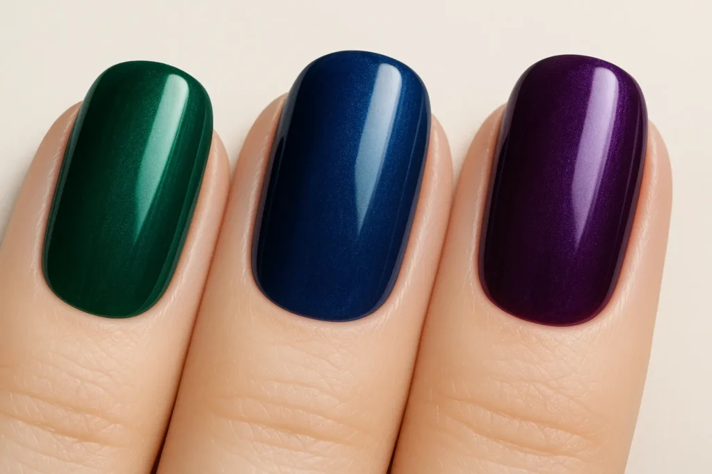 Rich jewel-toned nail colors in emerald and sapphire