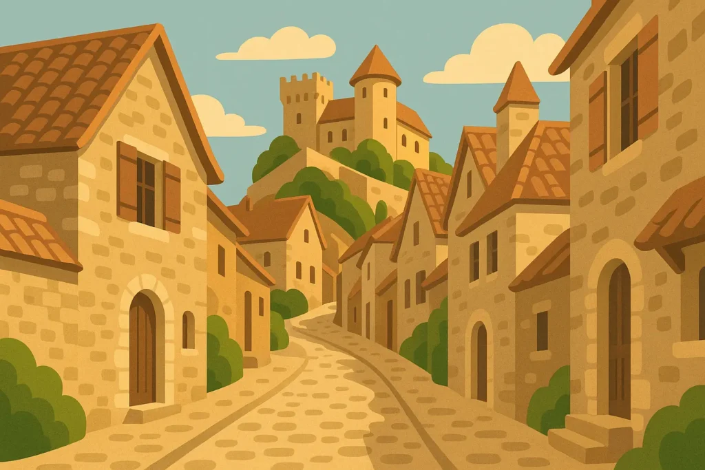 Eze Village perched on clifftop with Mediterranean backdrop