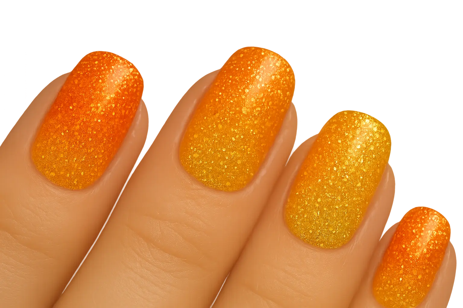Seasonal glitter nail designs showing summer oranges and spring lavender