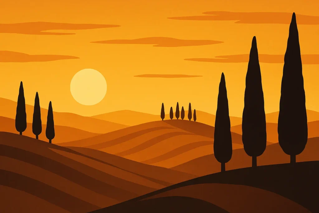 Sunset over Tuscan landscape with vineyard silhouettes