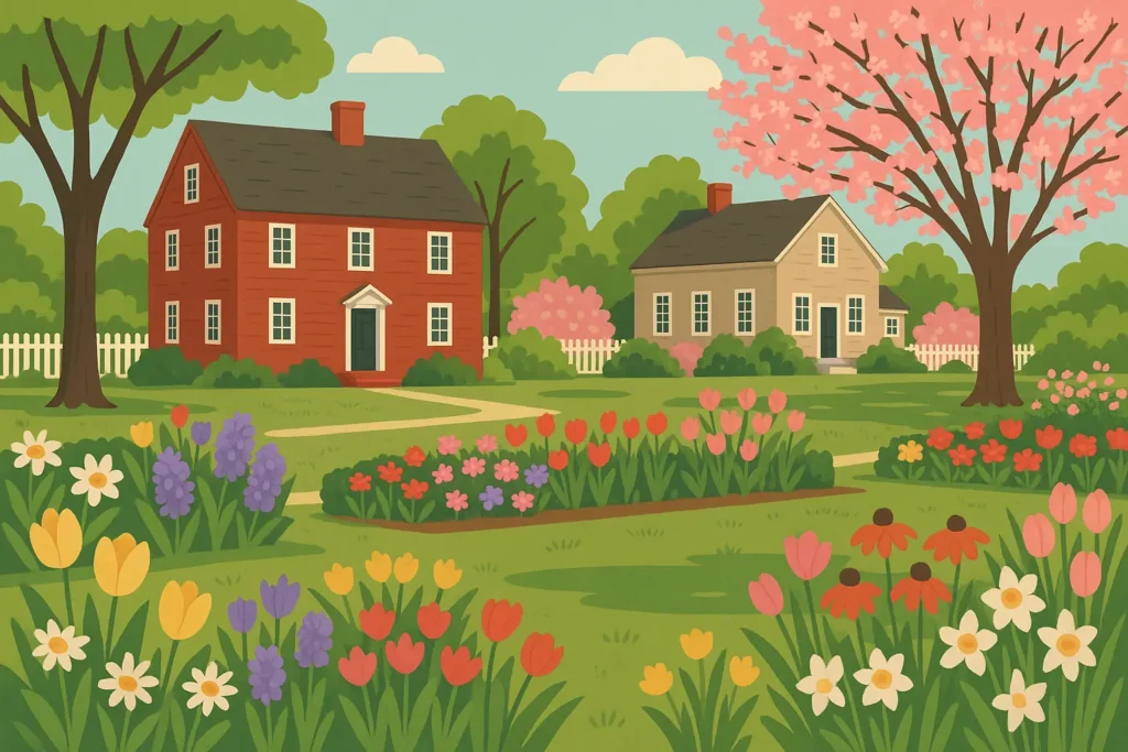 Salem in spring showing blooming gardens and historic architecture in pleasant weather