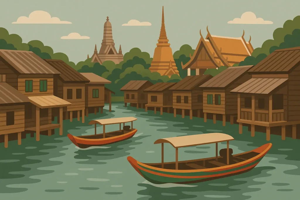 Bangkok local neighborhood with traditional houses and narrow streets