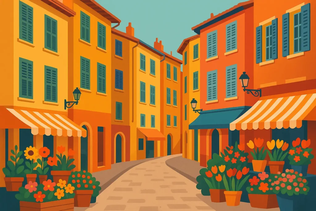 Nice Old Town colorful buildings and market