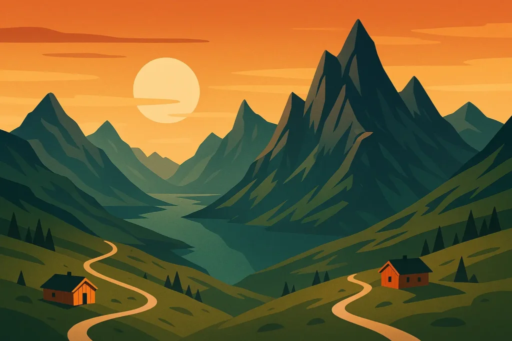 Norwegian midnight sun over mountain hiking trail