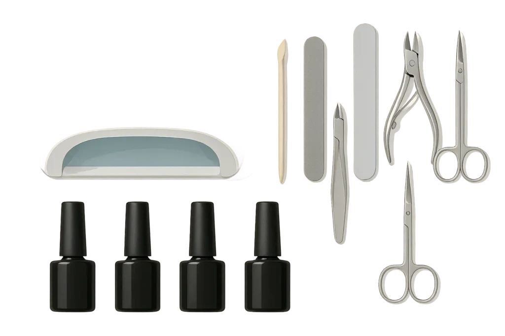 Shellac nail application process showing UV lamp curing
