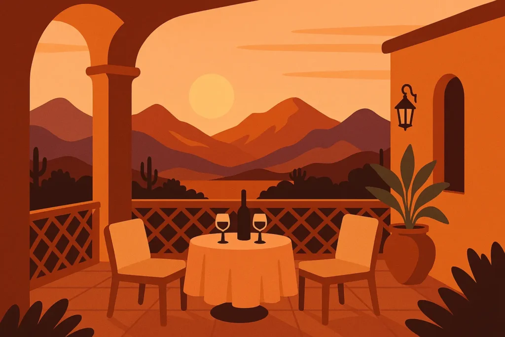 Romantic desert villa with private pool at sunset