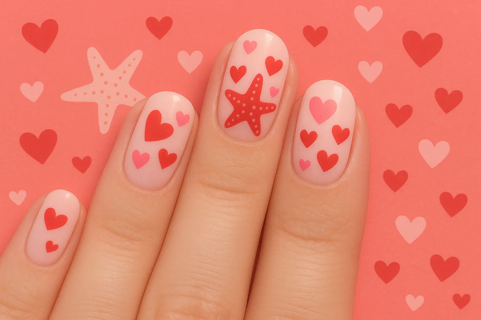 Valentine's Day starfish nail design with pink and red romantic themes