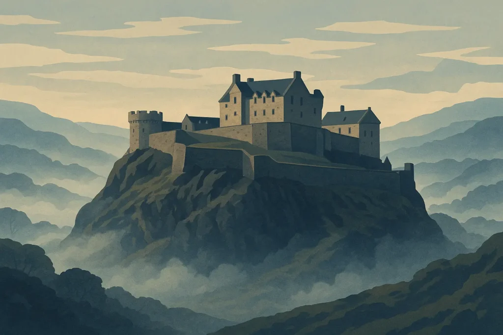 Edinburgh Castle on volcanic rock with morning mist