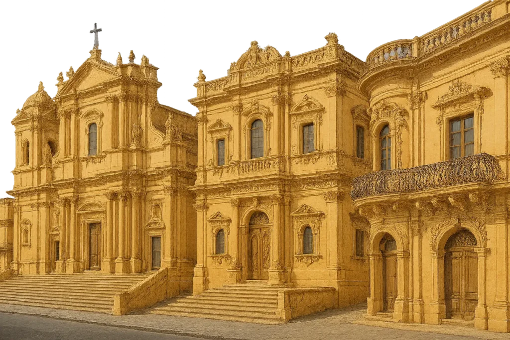 Baroque architecture in Noto with golden limestone buildings