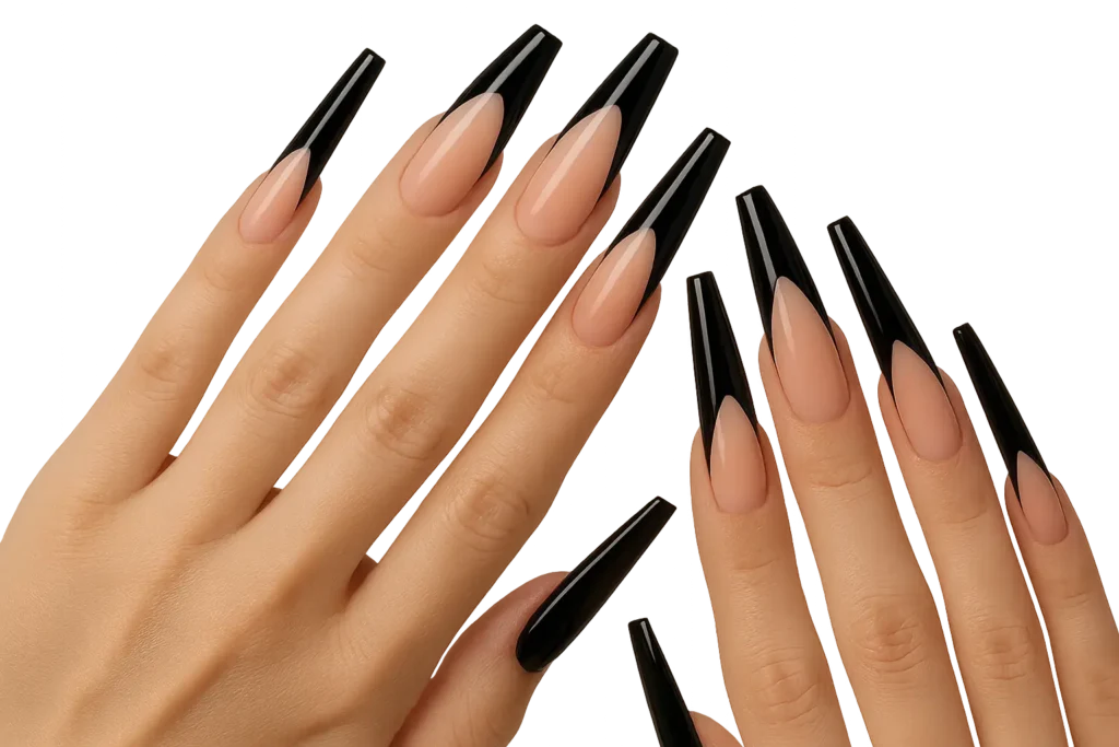 Extra long coffin-almond hybrid black French tips