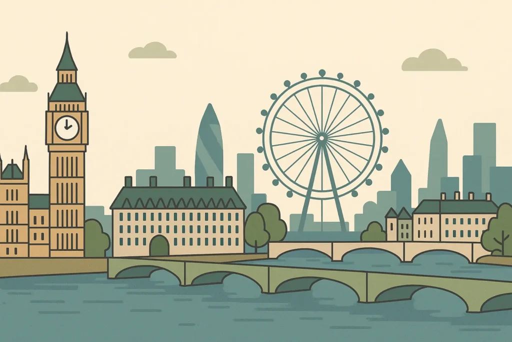 London city skyline with Big Ben and Thames