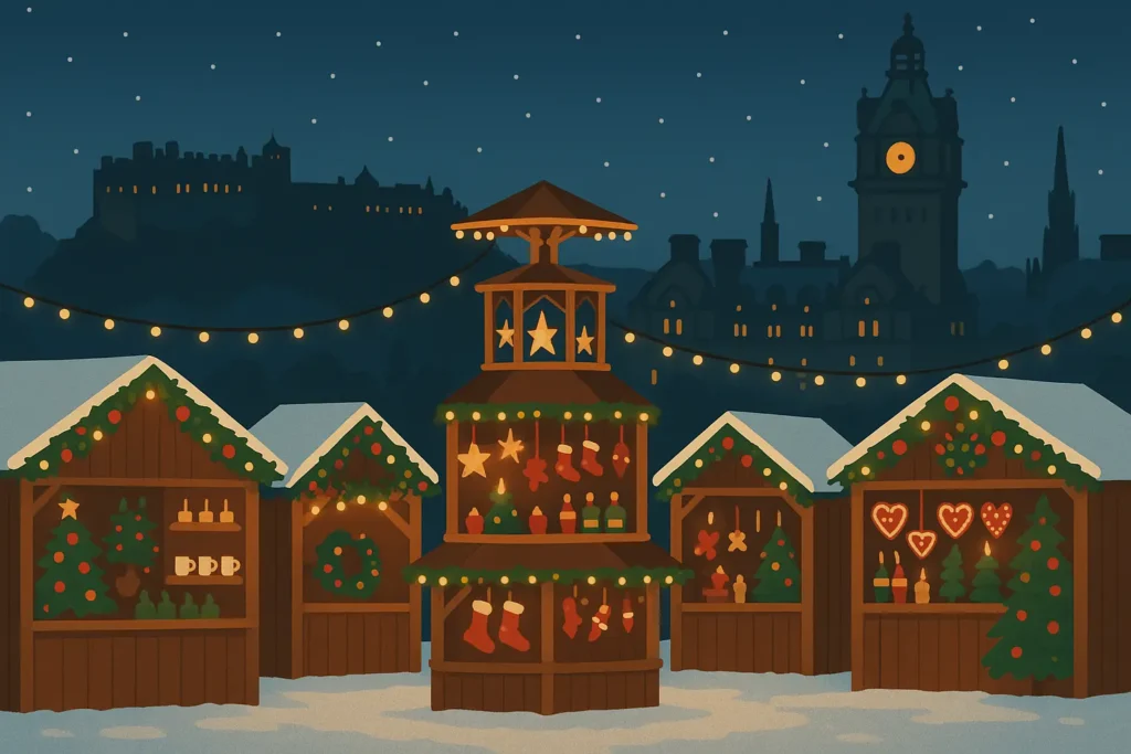 Edinburgh Christmas Market with castle backdrop and festive lights