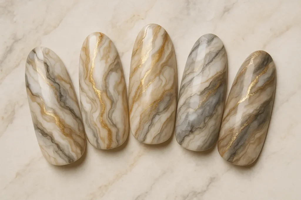 Marble effect nail art with natural stone patterns