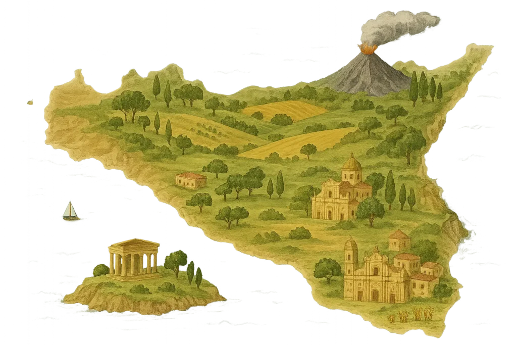 Sicily regional map showing different areas and attractions