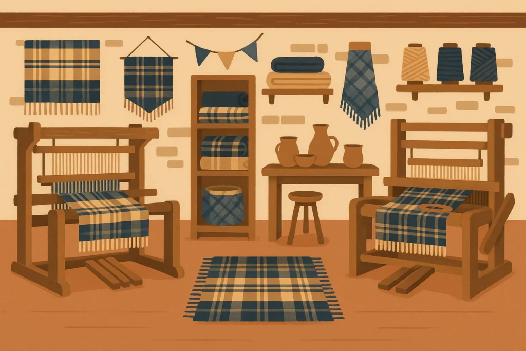 Traditional Scottish craft workshop with artisan weaving Harris Tweed