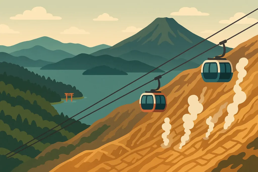 Hakone ropeway gondola overlooking volcanic valleys