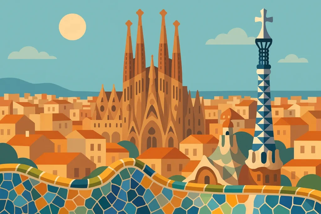 Barcelona city overview with iconic architecture