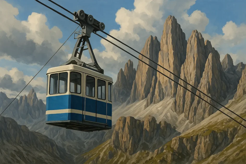 Cable car ascending to Seceda with dramatic mountain views