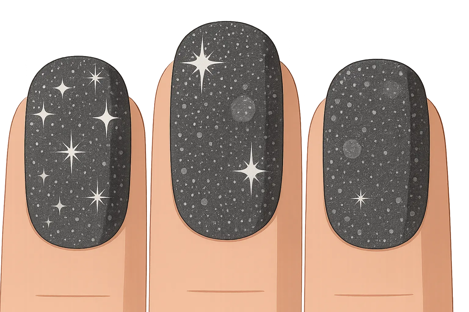 Glittery gray nail polish samples with different sparkle intensities