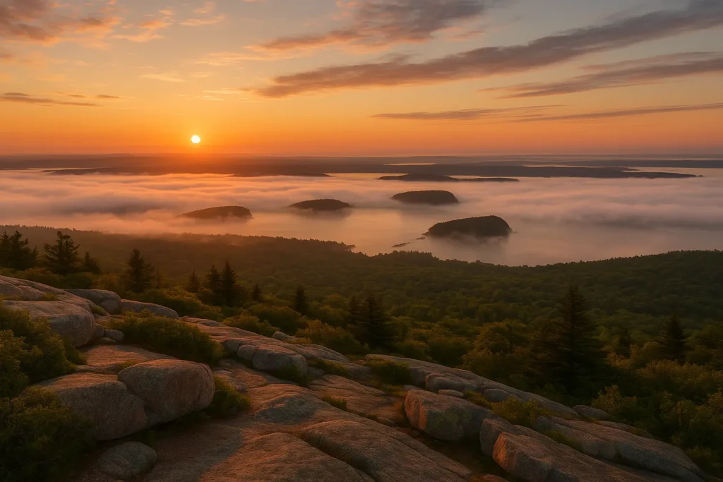 Bar Harbor scenic coastal view with Acadia National Park