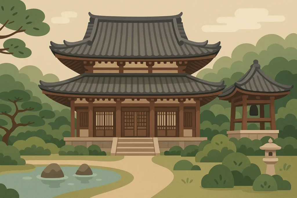 Traditional Japanese temple with red torii gate and stone lanterns