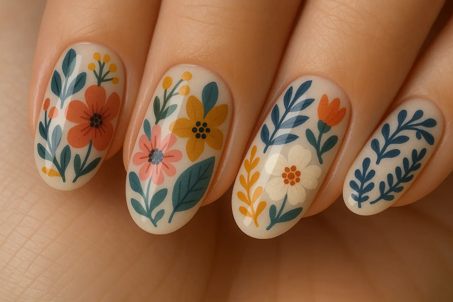 Hand-painted art gel overlay showing custom floral design