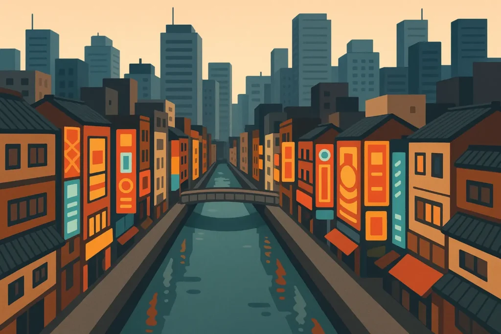 Osaka skyline with traditional temples and modern buildings