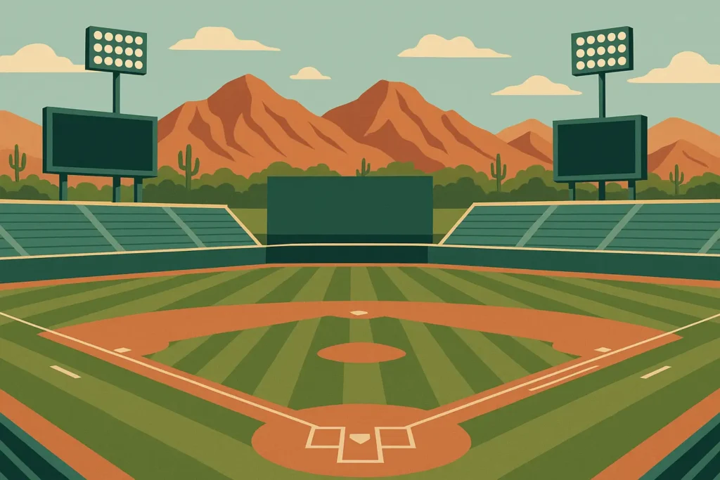 Spring training baseball stadium with desert mountains in background