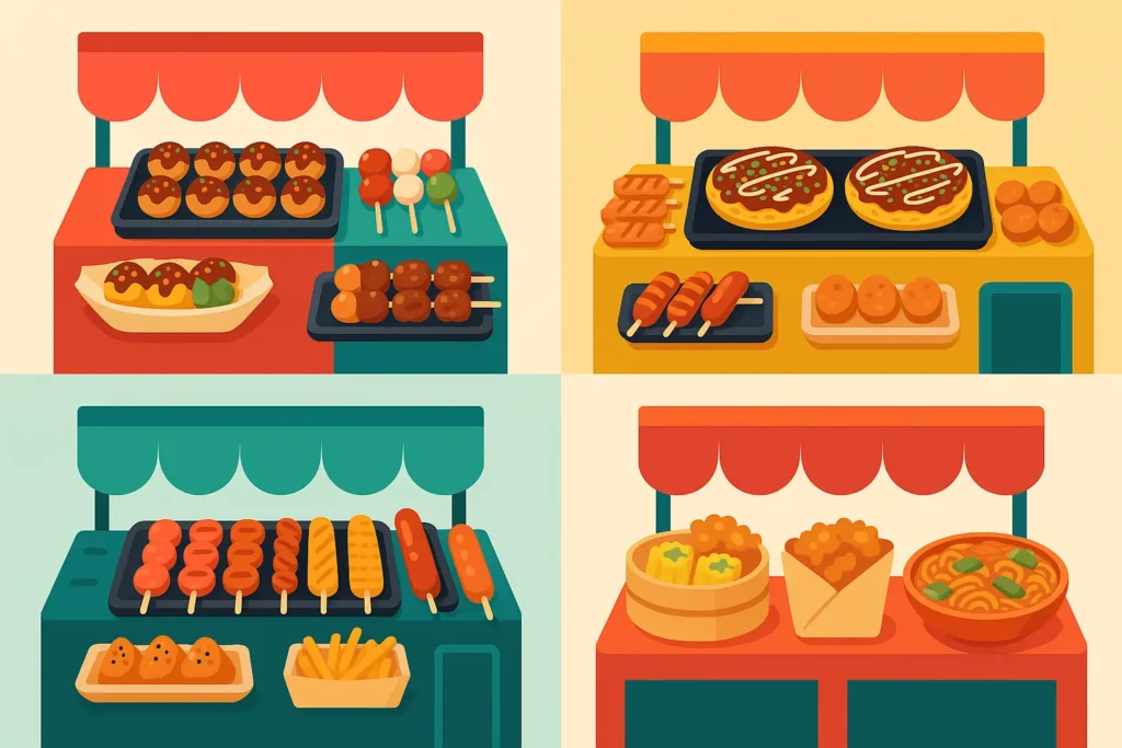 Street food vendors at Kuromon Market with takoyaki and fresh seafood