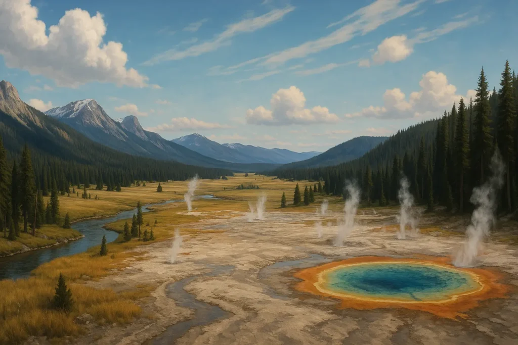 Professional travel planner helping family organize Yellowstone itinerary with maps and guides