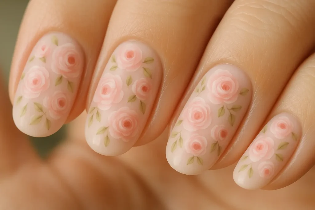 Soft floral accent wedding nails