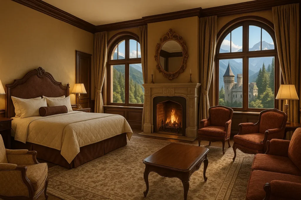 Romantic castle hotel dining hall with candles