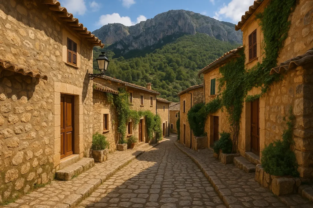 Traditional stone buildings and narrow streets in a Mallorcan mountain village