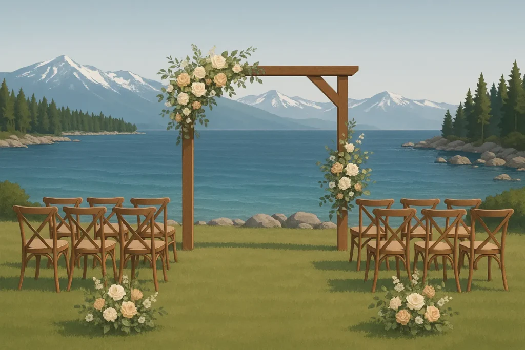 Wedding ceremony at Lake Tahoe with mountain views