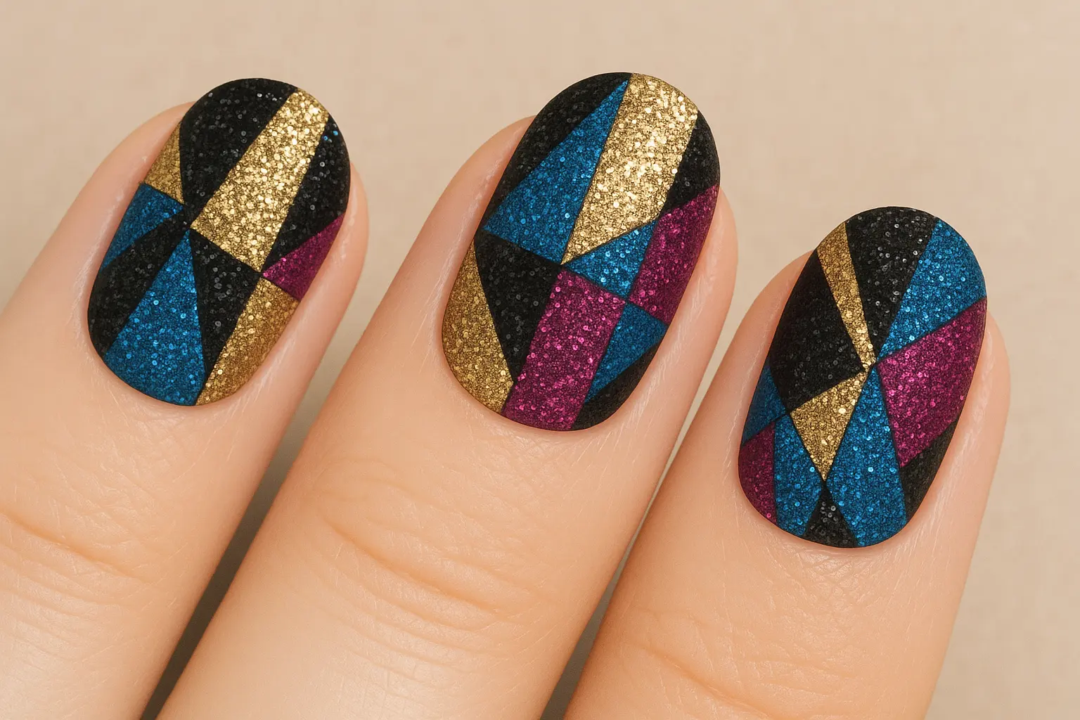 Geometric glitter nail patterns with modern art-inspired designs