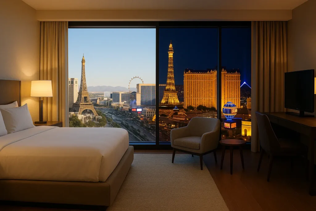 Las Vegas Strip during daytime showing hotels and crowds