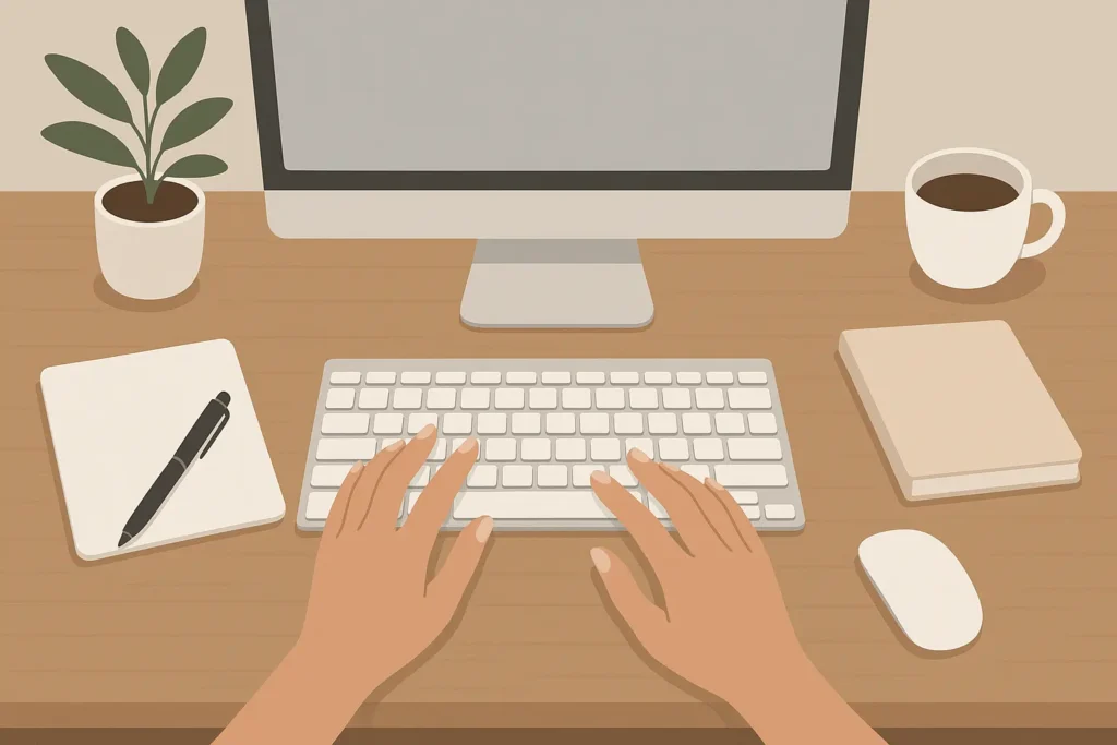 Professional woman with elegant nails typing at computer