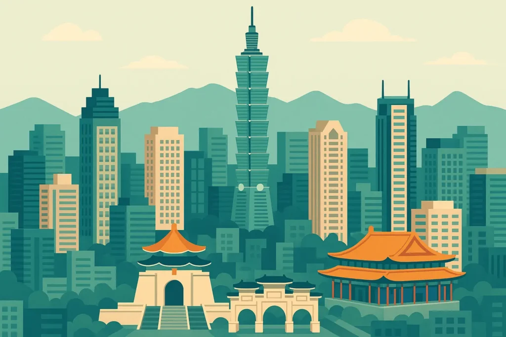 Taipei city skyline with traditional temples and modern buildings
