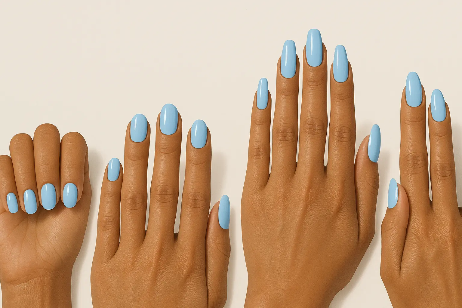 Icy blue nails on different skin tones and nail lengths
