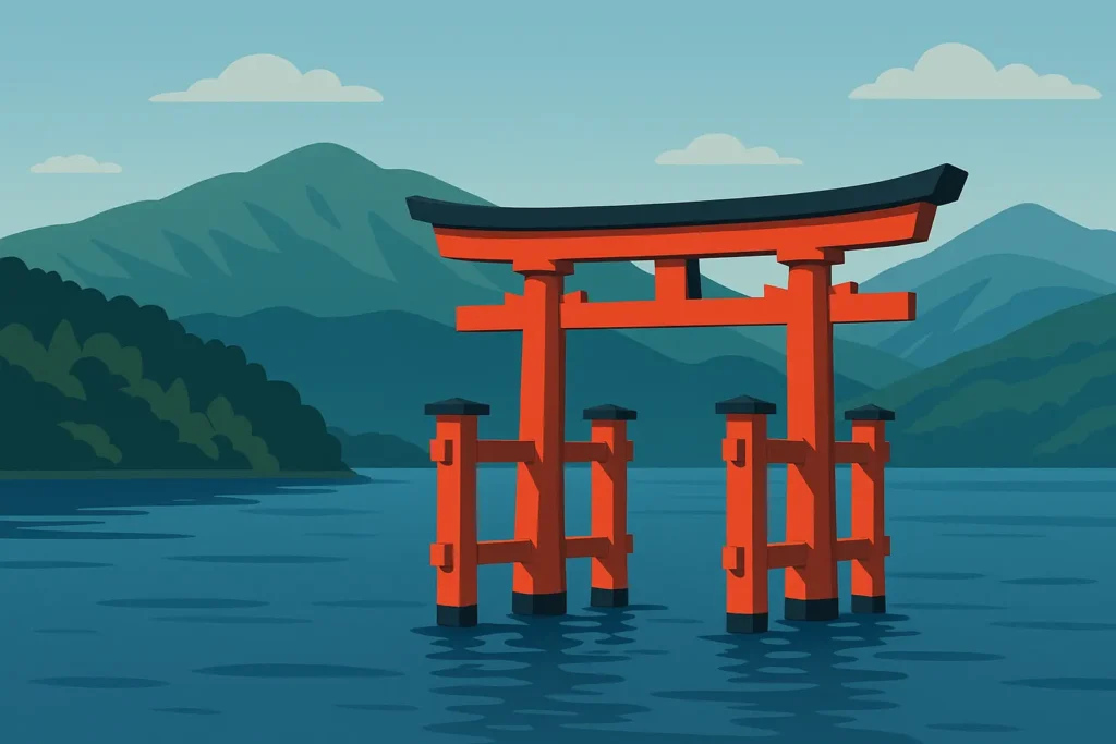 Hakone shrine complex with traditional architecture surrounded by cedar forests