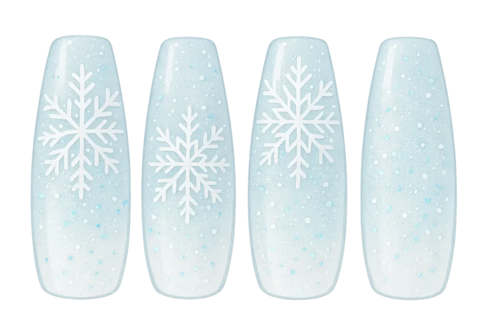 Winter crystal effect nails with snowflake patterns