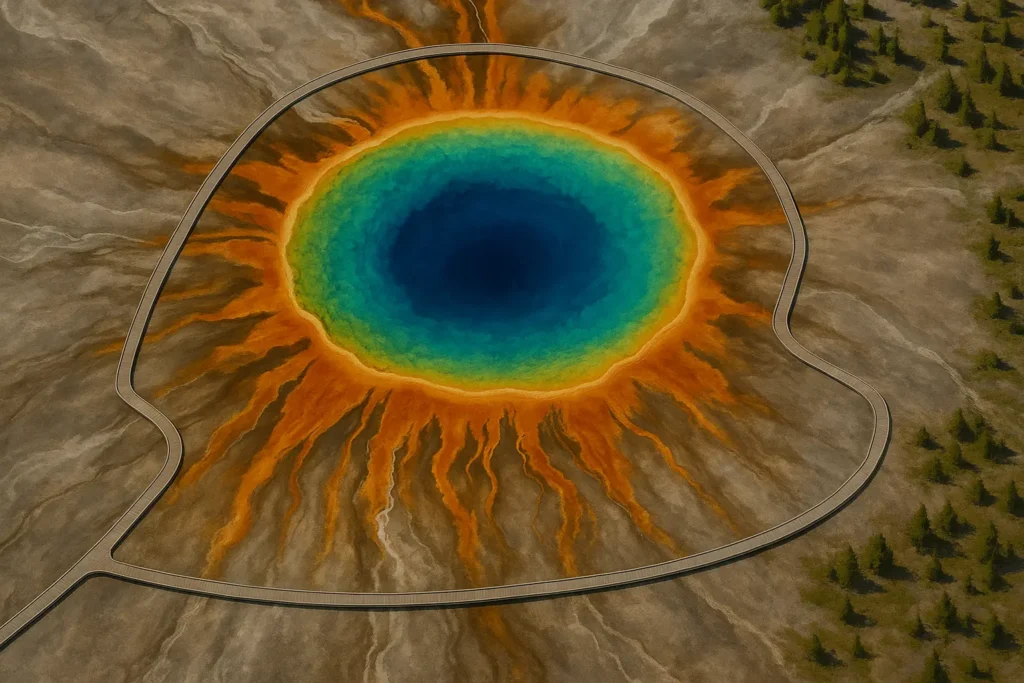 Yellowstone National Park landscape with geysers and mountains
