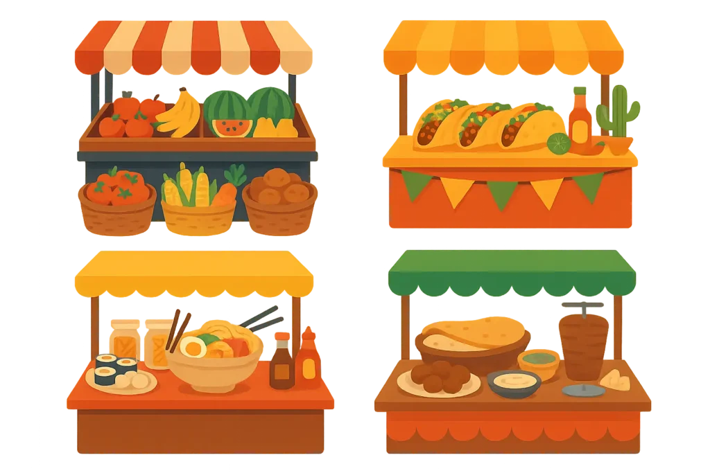 Diverse ethnic food market in Queens showing multicultural vendors and authentic international cuisine
